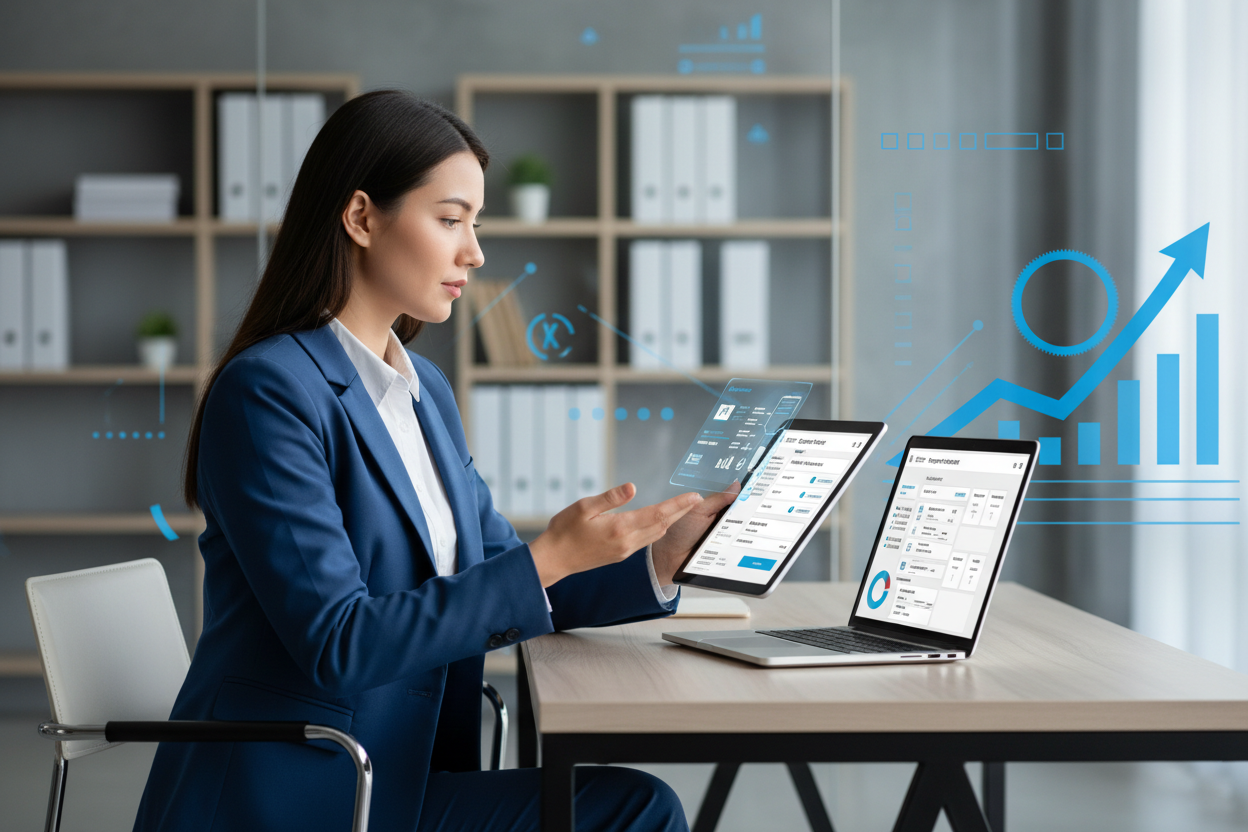 Businesswoman managing claims and expense management on multiple laptops in a modern office setting.