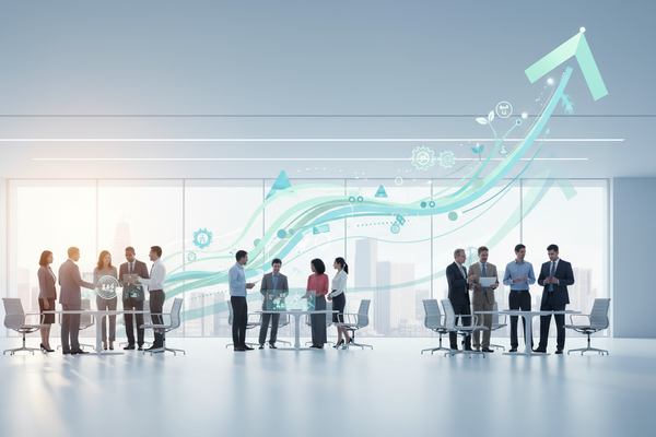 Business professionals discussing strategies while managing the employee lifecycle in a modern office environment.