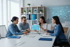 Employee onboarding checklist: Team discussing HR strategies during a modern office meeting.