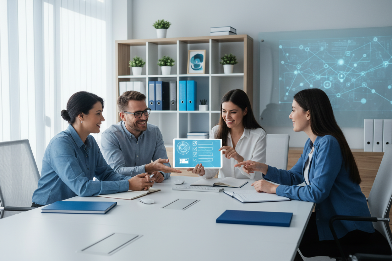 Employee onboarding checklist: Team discussing HR strategies during a modern office meeting.