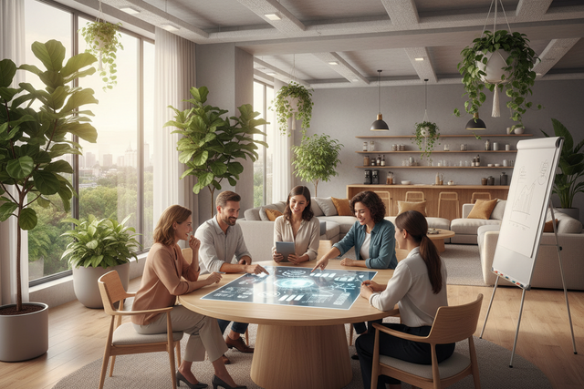 Team discussing Employee Retention Strategies at a modern meeting table with digital presentation.