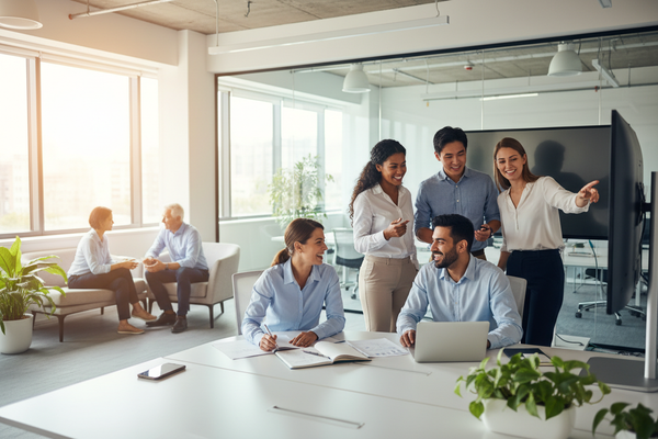 Team collaborating in an office, showcasing how employee engagement improves retention and business performance.
