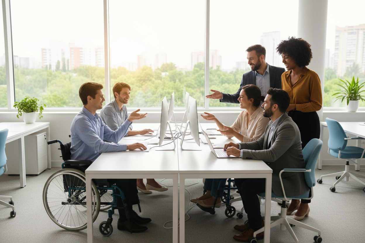 Employees collaborating at workstations using employee experience technology to boost productivity and retention.