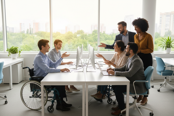 Employees collaborating at workstations using employee experience technology to boost productivity and retention.