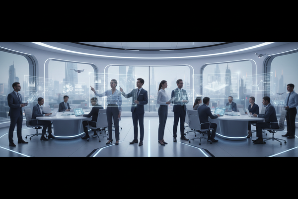 A modern office setting showcasing teamwork and technology, illustrating AI raising the bar at work.