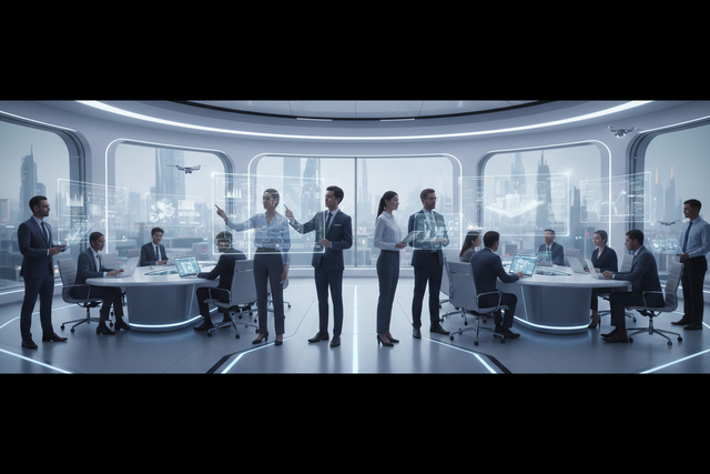 A modern office setting showcasing teamwork and technology, illustrating AI raising the bar at work.