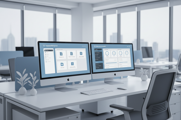 Dual monitors displaying Employee Management software, showcasing Automating HR administration in a modern office.