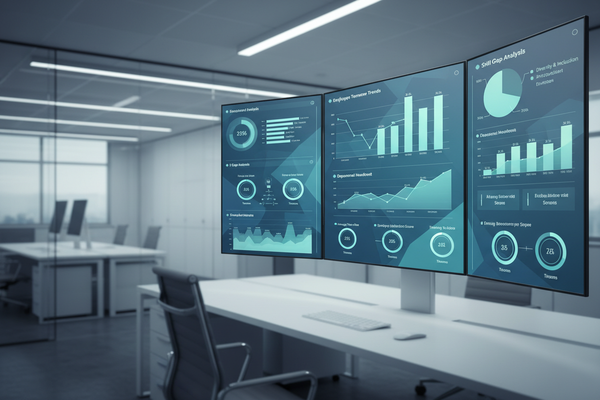 HR analytics helps businesses visualize performance metrics on multiple screens in a modern office.