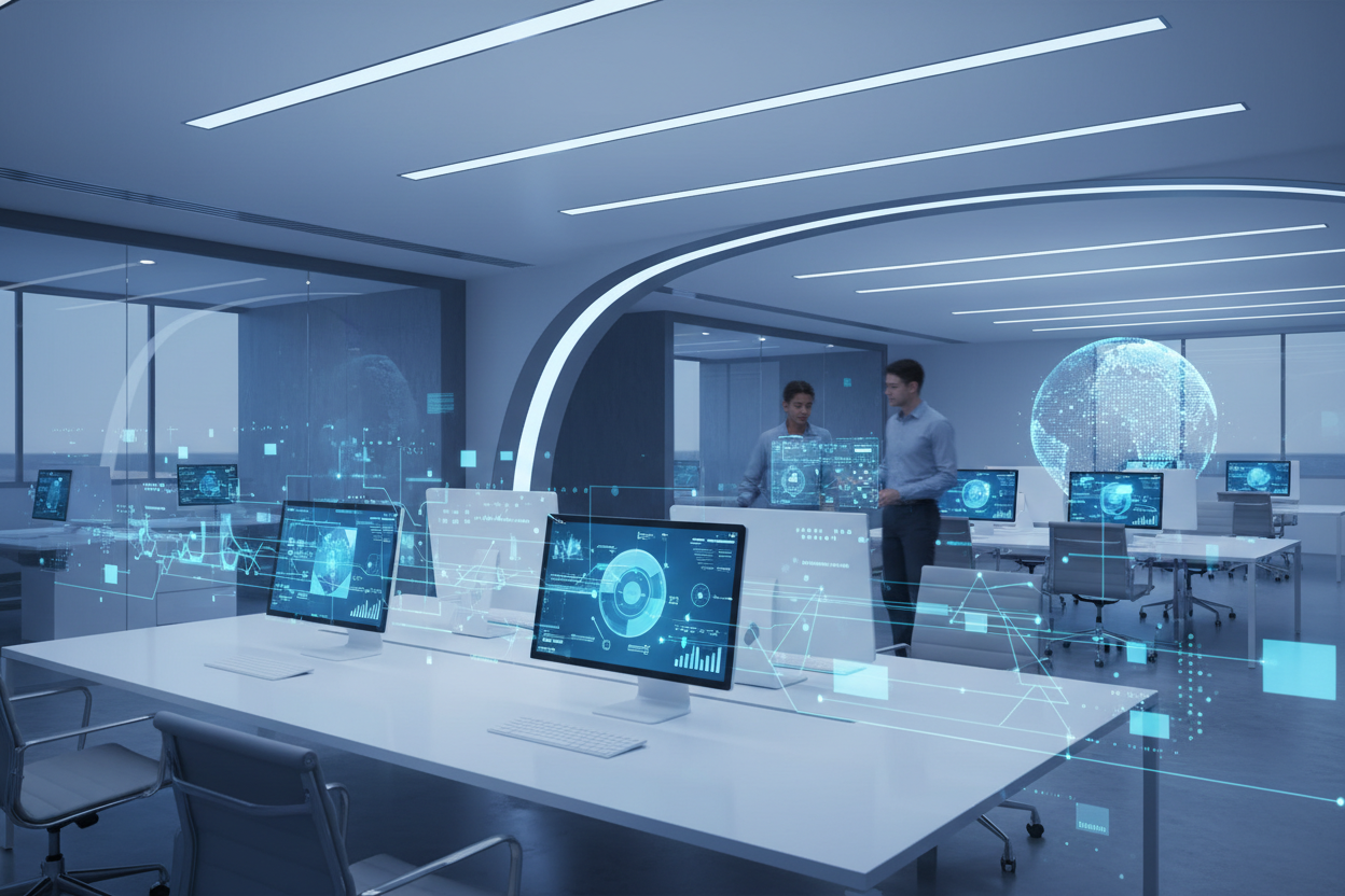 HR automation helps businesses by streamlining tasks and enhancing productivity in a modern office setting.