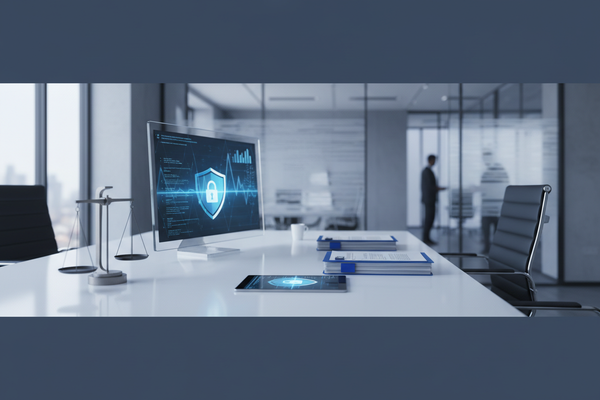 HR compliance for growing businesses represented in a modern office setting with technology and legal symbols.