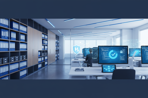 Modern office depicting HR compliance protects businesses from risks with secure digital data management.