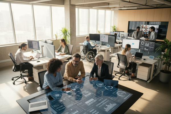 Future of work is changing: modern office with diverse teams collaborating on digital screens.