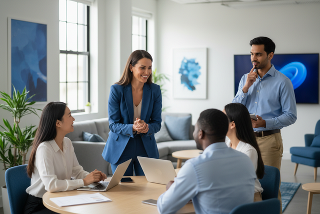 People management in the age of AI: business meeting with diverse team discussing strategies.