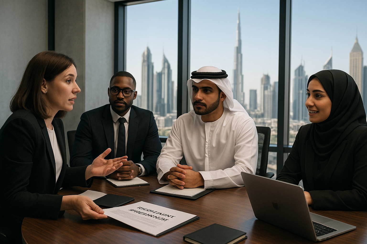 Professional HR meeting in a modern Middle Eastern office setting with diverse business people discussing recruitment and talent management.