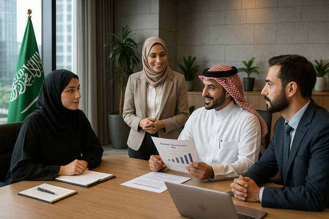 Talent management professionals in Saudi Arabia discussing employee development plans