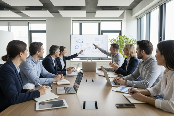 Team discussing strategies for reskilling and workforce adaptability during a meeting on job security.