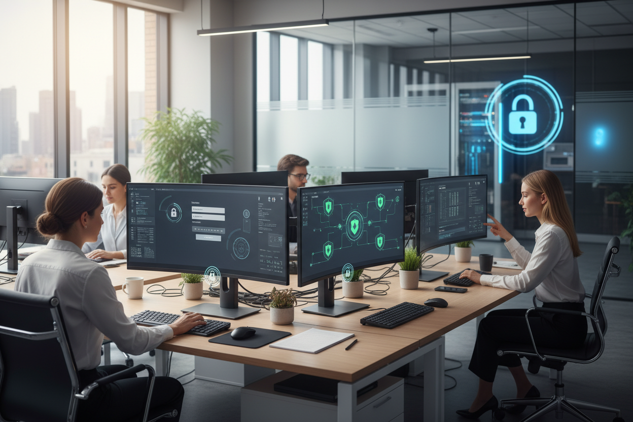 HR data security and employee privacy in a modern office with tech-savvy professionals managing data.