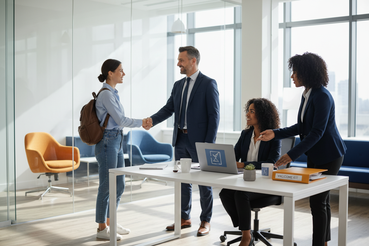 Employee onboarding checklist being introduced in a modern office setting with HR professionals.